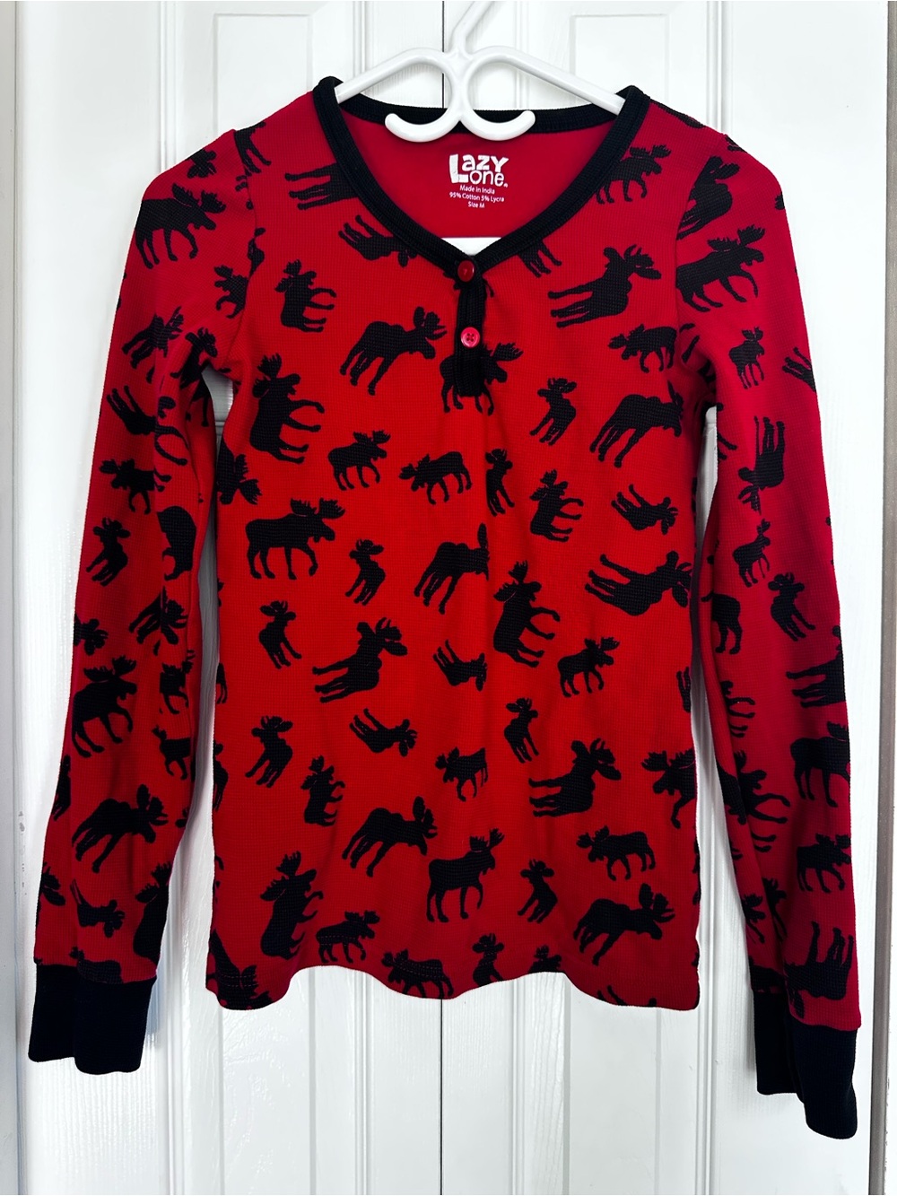 Lazy One Red Henley with Black Moose Print